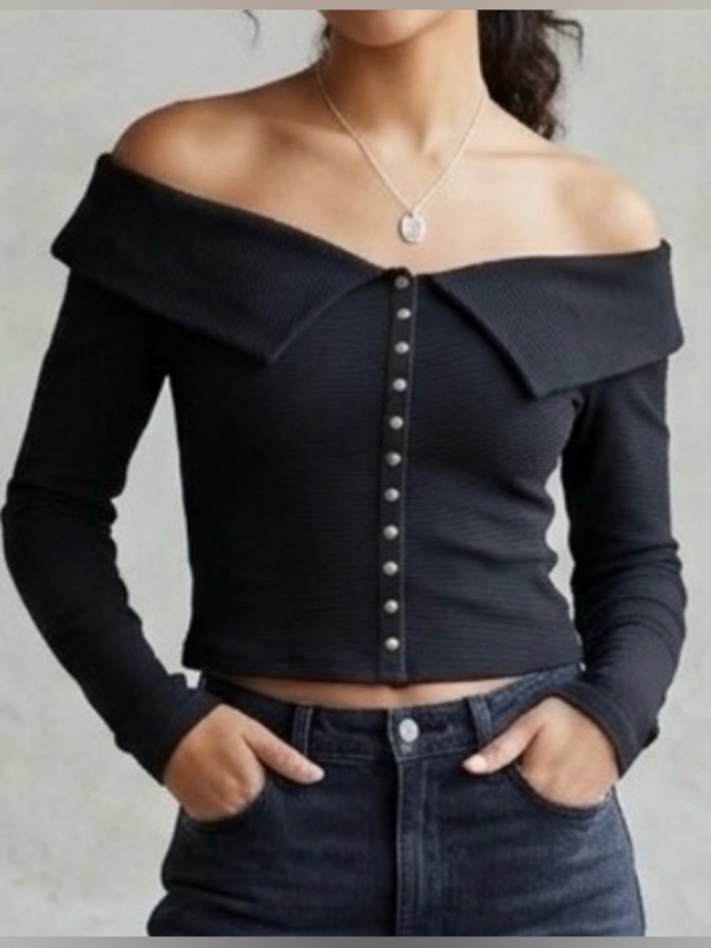 MAEVE by Anthropologie Black Off-the-Shoulder Ribbed Button-Front Sweater